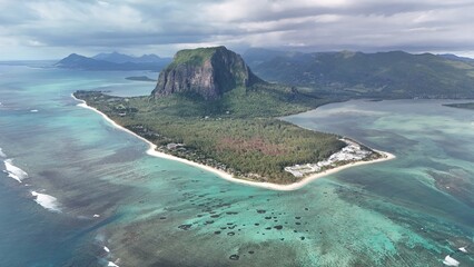 Aerial view of Le Morne Peninsula and sea lagoon formed by coral reefs, Mauritius Island, Africa, Indian Ocean	