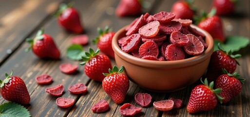 Close-up image of fresh and freeze-dried strawberries in a rustic bowl on a wooden table.