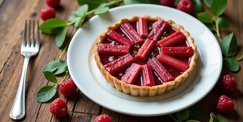 Close-up of a delicious rhubarb and raspberry tart on a rustic wooden table.