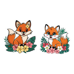 Fototapeta premium Cartoon foxes surrounded by colorful flowers, adding a playful and cute touch to nature art.