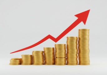 Gold coin stacks with rising red arrow representing financial growth isolated on white background