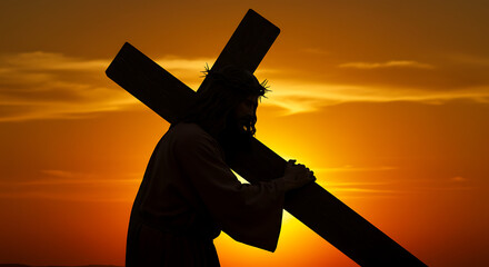 Jesus carrying the cross at sunset — symbol of sacrifice.