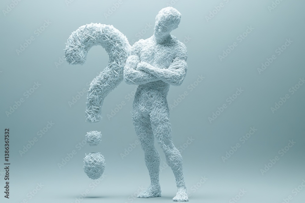 Aufkleber Human figure made of dynamic materials stands confidently beside a large question mark in an abstract setting during an artistic display