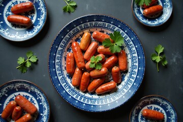 Overhead shot of mini sausages on blue and white plates, garnished with fresh parsley. Perfect for appetizer or snack.