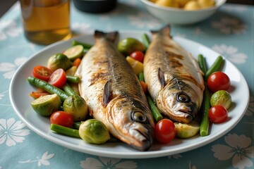 Two grilled fishes served with roasted vegetables on a white plate. Close-up view.