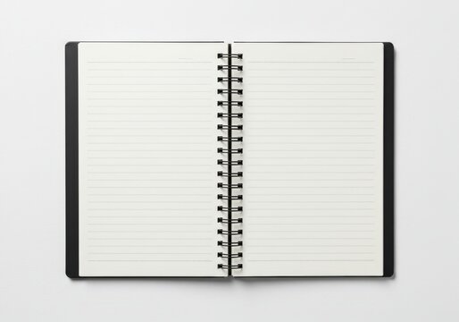 Open notebook with spiral binding and blank lined pages isolated on white background