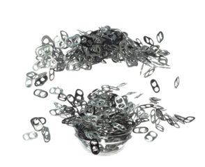 Can Caps fly in mid air, aluminium canned cap falling scatter, recycle from trash can cap explosion float. White background isolated freeze motion high speed shutter