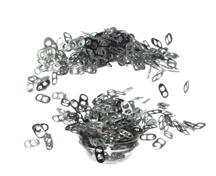 Can Caps fly in mid air, aluminium canned cap falling scatter, recycle from trash can cap explosion float. White background isolated freeze motion high speed shutter