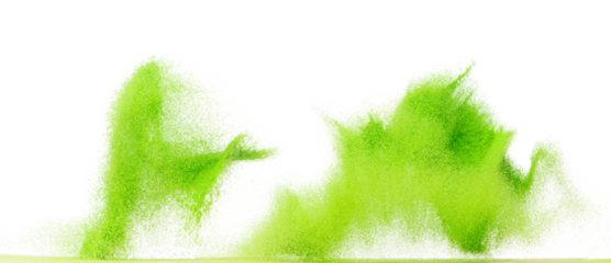 Small size green Sand flying explosion, vegetable sands grain wave explode. Abstract cloud fly. Green colored sand splash throwing in Air. White background Isolated high speed shutter, throwing freeze