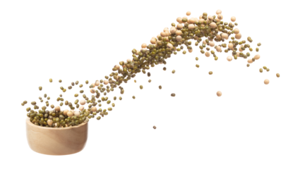 Mix green mung soy beans fall down explosion, several kind bean float explode in wooden bowl. Dried soybean green mung mixed beans splash throwing in Air. White background Isolated high speed shutter