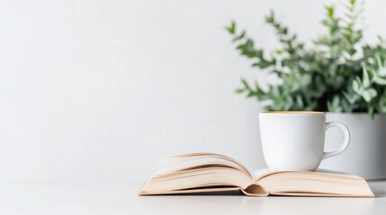 An open book rests on a table, its pages inviting. A white coffee mug sits atop the book. A potted plant is softly blurred in the background. The image is high-resolution, with natural, soft lighting.