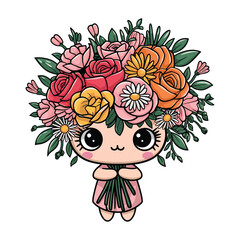 Cartoon girl with a colorful assortment of flowers, holding them in a joyful and playful manner.