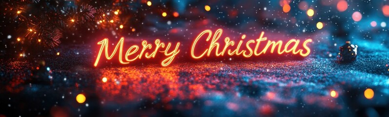Merry christmas neon sign on a dark background with snow
