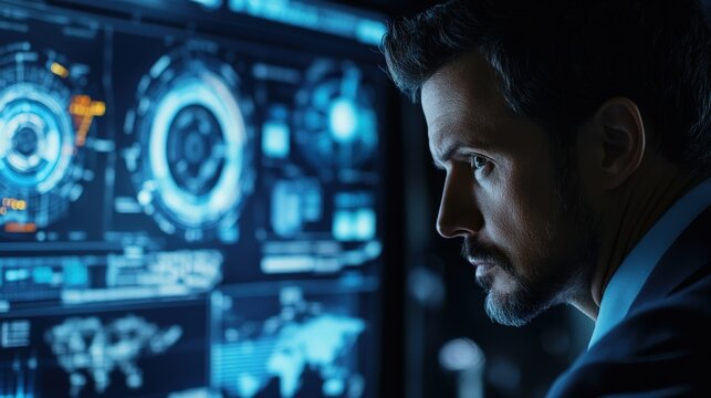 A man intently observes a screen filled with data displays