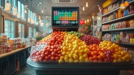 Vibrant Grocery Store Display with Fresh Produce and Digital Inventory System