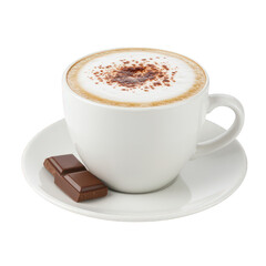 Cappuccino with chocolate dusting and chocolate squares.