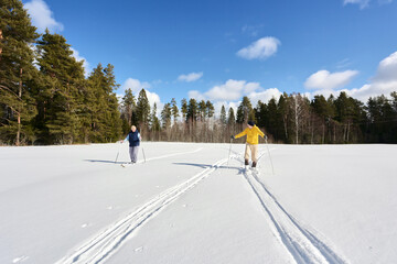 Two distant figures ski across sunny snow expanse, one person clad in yellow leads while other...
