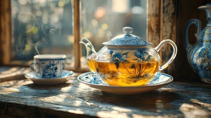 Aromatic Tea Time by the Window: Glass Teapot and Cup Set on Rustic Wooden Sill