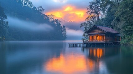 Fototapeta premium Serene Sunrise Over Lake House: Misty Mountain Reflections