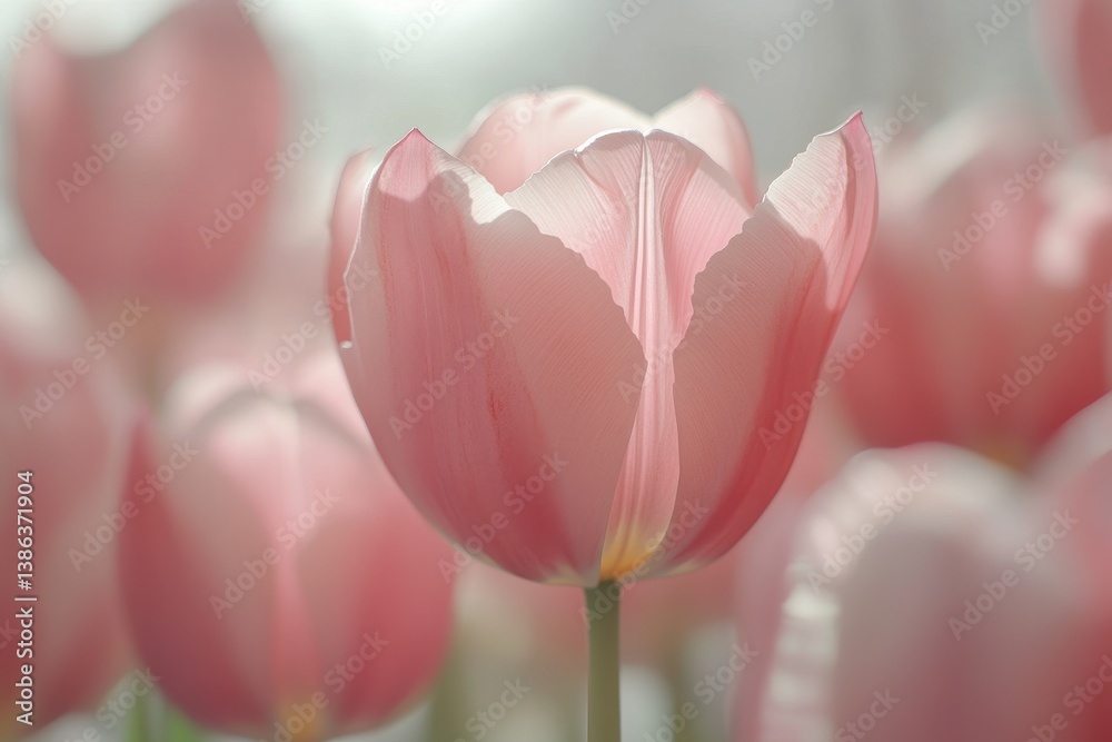 Poster soft pink tulip in full bloom captured in a gentle light during springtime, showcasing delicate peta