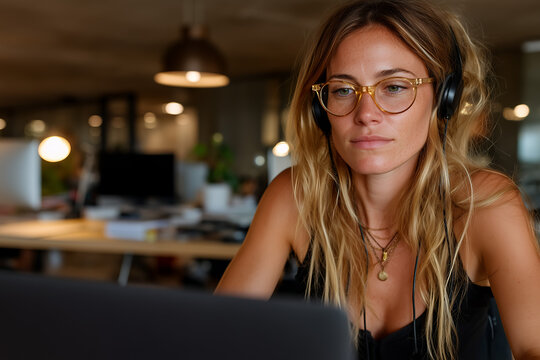 A clean, editorial-style image of a blonde woman working as a customer support agent, seated at a modern desk and wearing a sleek headset
