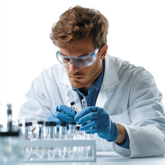 Scientist in lab coat examines samples in test tubes isolated on transparent background isolated on transparent background