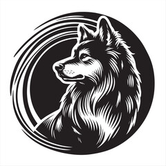 Stylized Black and White Husky Dog Illustration with Tribal Circle Design