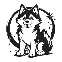 Stylized Black and White Husky Dog Illustration with Tribal Circle Design