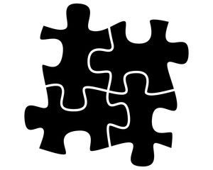 Puzzles - vector silhouette illustration for stencil, logo or pictogram. Four puzzle pieces are assembled together