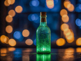 Close-up of a glowing bottle with bokeh background, festive atmosphere.