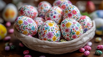 Fototapeta premium Colorful floral easter eggs in basket with pastel candy on wooden table