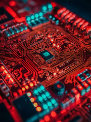 Close-up of a glowing red circuit board, offering a visual exploration of technology.
