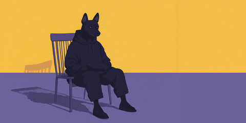 Anthro Sits: a human figure, wearing a hoody and dressed in dark attire, seated on a minimalist chair, silhouetted with a surreal touch.