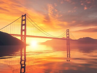 Golden Gate Bridge at Sunset Reflecting on Calm Water Surface