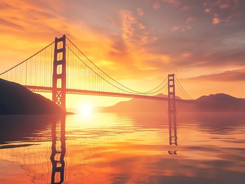 Golden Gate Bridge at Sunset Reflecting on Calm Water Surface