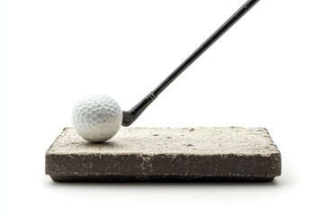 Golf club strikes a white golf ball resting on a practice mat in an indoor setting with a smooth surface and minimal distractions