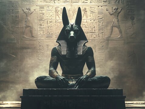 Anubis Statue Meditating in Egyptian Temple with Hieroglyphs Background