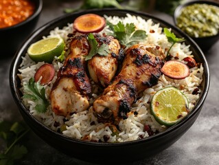 Fototapeta premium Grilled chicken thighs over fragrant rice in a black bowl. Lime wedges and herbs on a rustic table. Comfort and flavor for busy lifestyles. Perfect for restaurant menus and food ads.