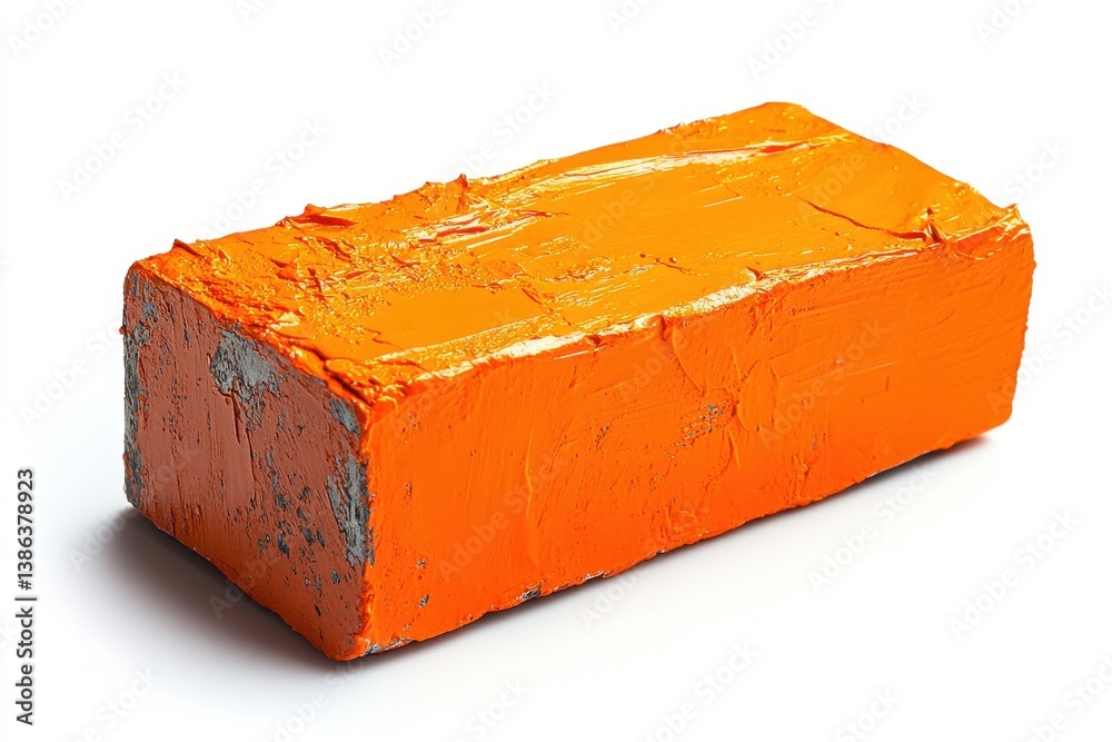 Poster bright orange block of wax with a smooth, glossy finish displayed on a white background under soft l