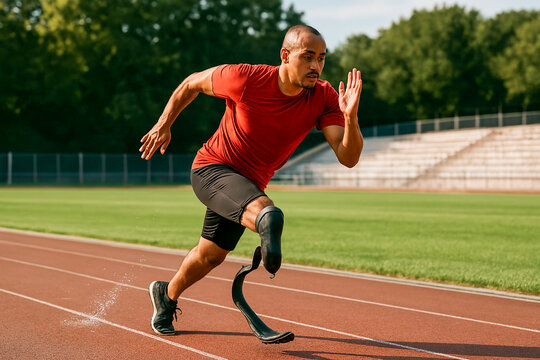 Focused Para-Athlete Sprinting with Prosthetic Blade