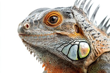 Fototapeta premium Iguana Head Close-up with Detailed Scales and Eyes Isolated on White