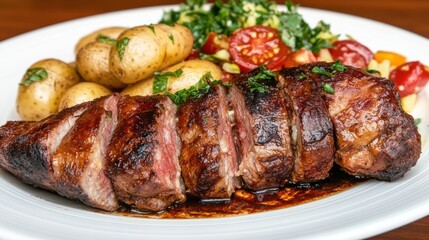 Sliced lamb meat with roasted potatoes and salad on white plate