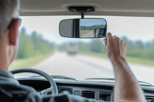 Truck driver ensuring safety by adjusting rearview mirror for a secure journey on the open highway