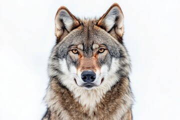 Fototapeta premium Wolf Face Close-up Portrait on White Background Looking at Camera