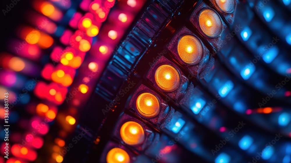 Poster Colorful LED lights create a vibrant display in a darkened space, illuminating the atmosphere with various hues and patterns during an evening event