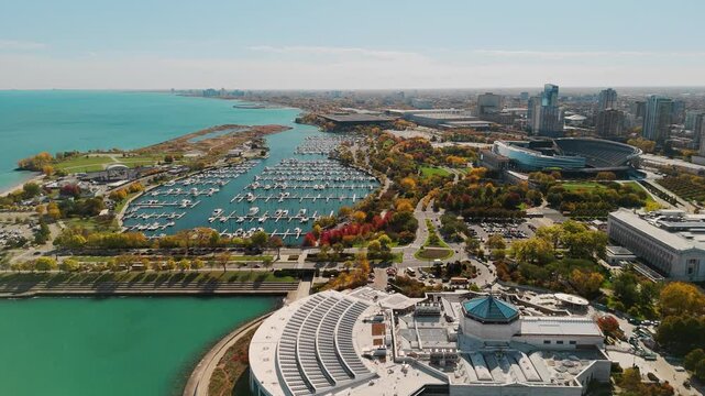 Downtown Chicago from above, highlighting urban density and architectural diversity. Wide drone view