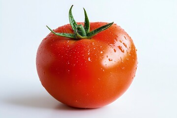 Fresh Ripe Tomato with Water Droplets on a White Background