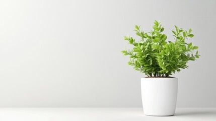 A lush green plant sits in a simple white pot. The plant is full and vibrant, positioned centrally against a minimalist white background. The image is clean and well-lit, with a high resolution. Its s