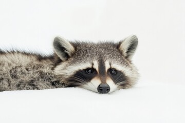 Obraz premium Resting Raccoon Portrait in Snow Winter Scene Wildlife Photography