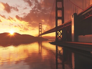 Fototapeta premium Golden Gate Bridge View at Sunset Reflecting on Water Scenery